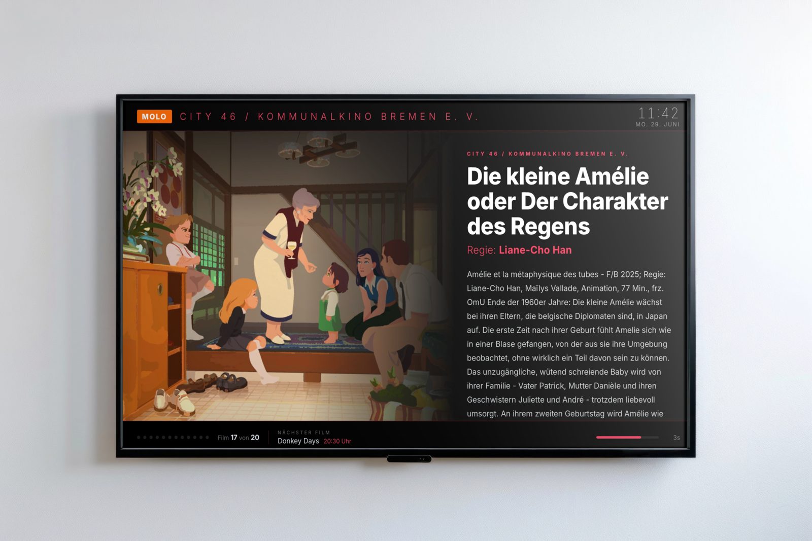 Info-Screen des Kommunalkino City 46 mit der Ankündigung eines Films samt Illustration und Beschreibung