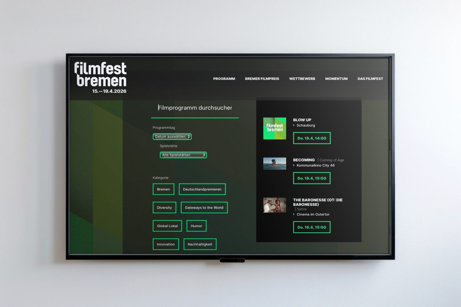 Bildschirm mit der Filmprogramm-Suche des Filmfest Bremen im grünen Festival-Design